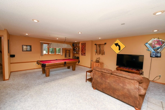 recreation room featuring carpet, a textured ceiling, and pool table