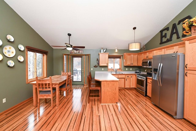 kitchen featuring a center island, sink, hanging light fixtures, stainless steel appliances, and light hardwood / wood-style floors