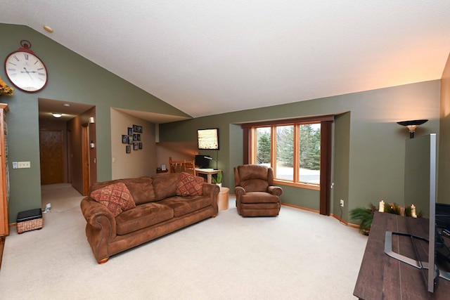 living room featuring carpet floors, a textured ceiling, and vaulted ceiling