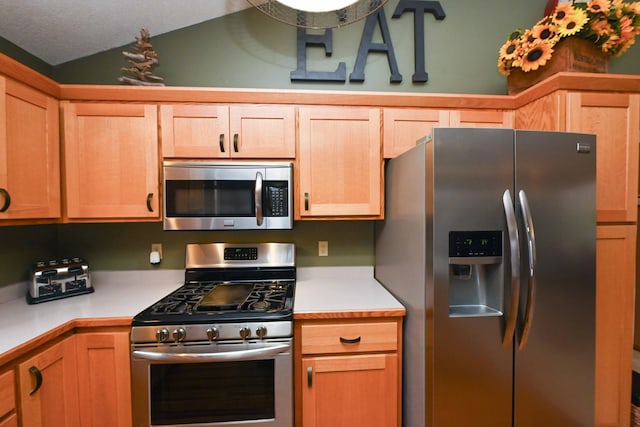 kitchen with stainless steel appliances and lofted ceiling