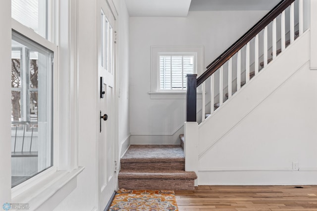 staircase with hardwood / wood-style floors