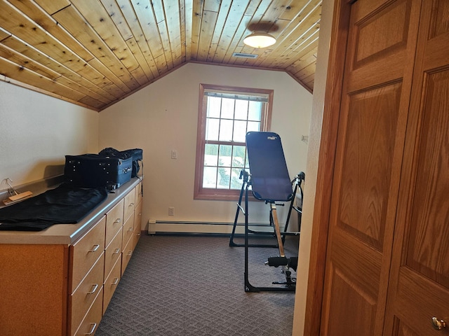 exercise room with carpet, lofted ceiling, a baseboard heating unit, ornamental molding, and wood ceiling