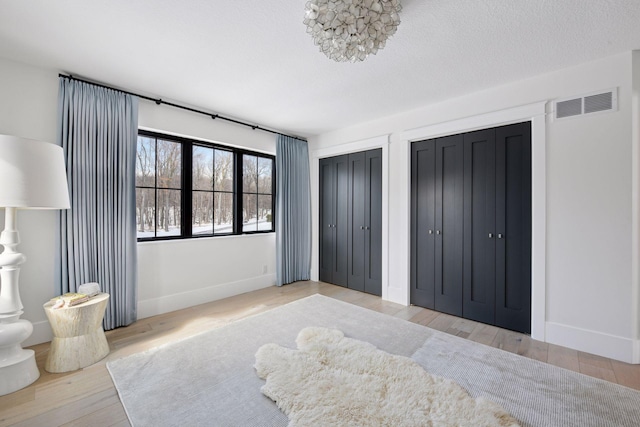 bedroom featuring visible vents, two closets, baseboards, and wood finished floors