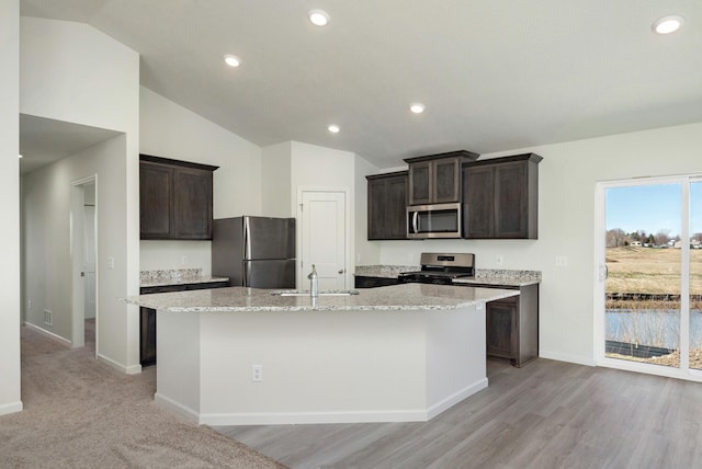 kitchen with sink, light hardwood / wood-style floors, lofted ceiling, a center island with sink, and appliances with stainless steel finishes