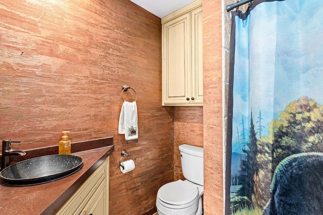 full bathroom with a shower with shower curtain, vanity, and toilet