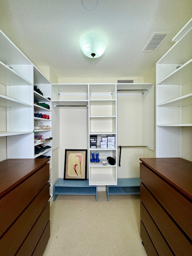 spacious closet with visible vents and light colored carpet