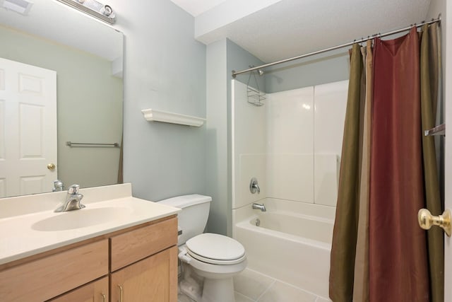 full bathroom featuring visible vents, toilet, shower / tub combo with curtain, tile patterned floors, and vanity