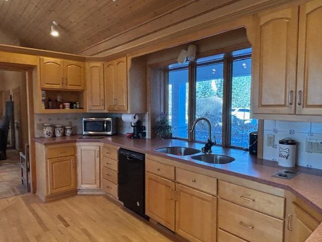 kitchen with light brown cabinets, wooden ceiling, sink, light hardwood / wood-style flooring, and black dishwasher