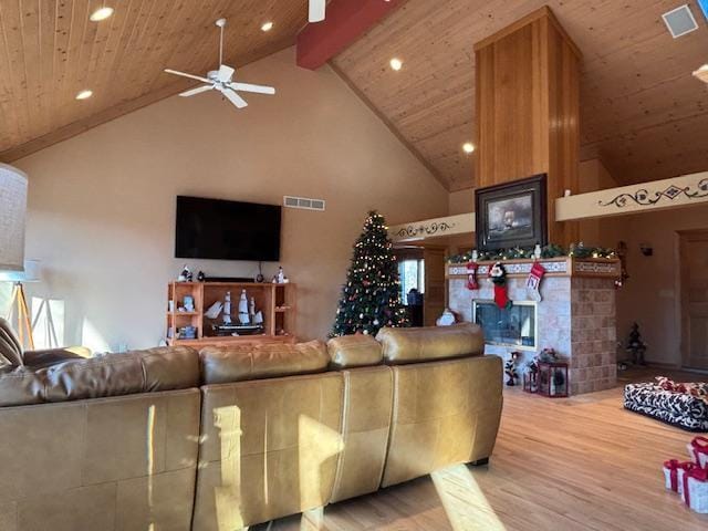 living room featuring wooden ceiling, high vaulted ceiling, ceiling fan, beamed ceiling, and wood-type flooring