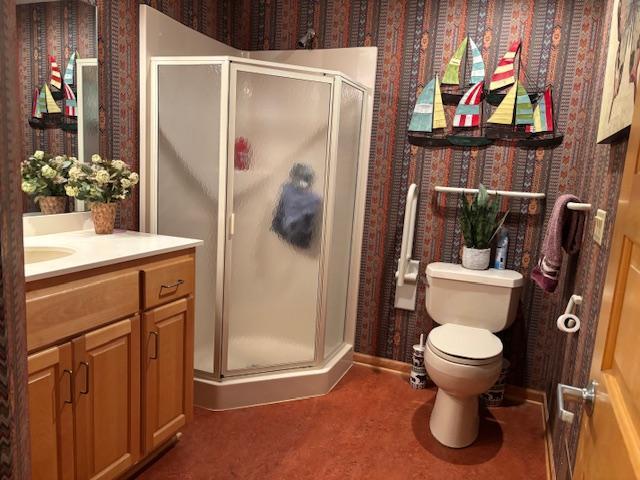 11233 Chisago Blvd, Chisago City, MN 55013 - full bathroom with vanity, a shower stall, and wallpapered walls