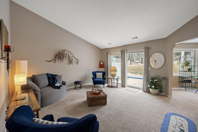 carpeted living room with lofted ceiling and a textured ceiling