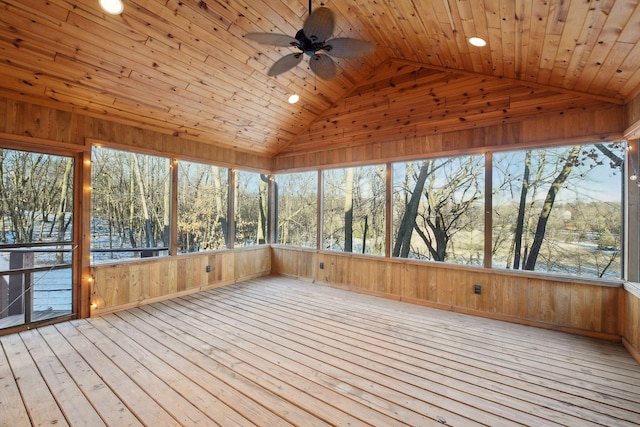 unfurnished sunroom with wood ceiling, ceiling fan, and vaulted ceiling