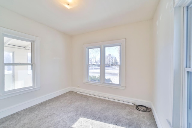 unfurnished room with carpet and baseboard heating