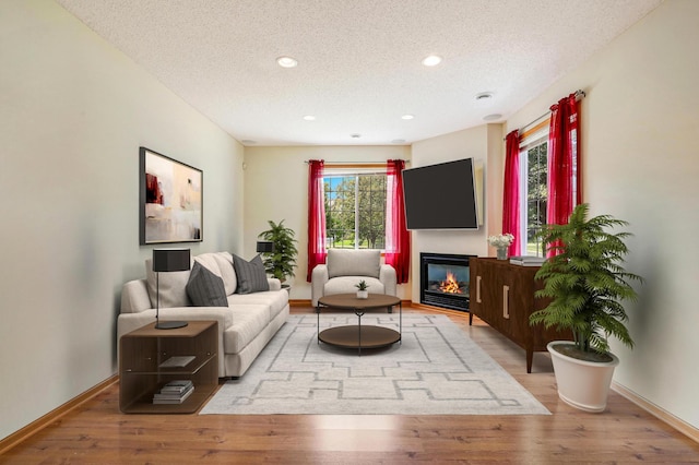 living room featuring light hardwood / wood-style floors and a textured ceiling