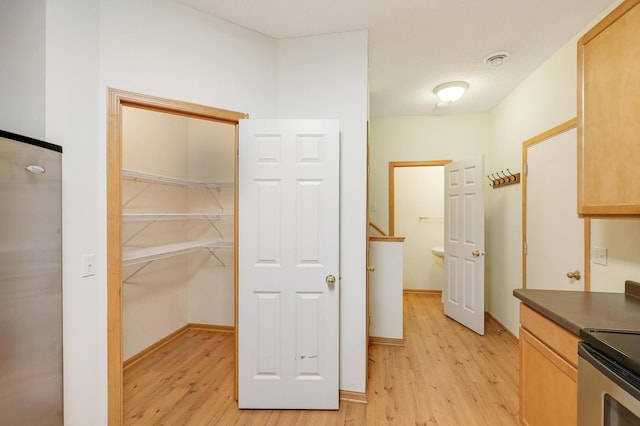 interior space with light hardwood / wood-style floors and light brown cabinetry