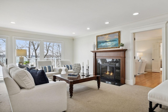2496 Old Beach Rd, Orono, MN 55391 - living area featuring ornamental molding, a high end fireplace, carpet flooring, recessed lighting, and baseboards