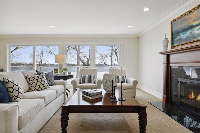 2496 Old Beach Rd, Orono, MN 55391 - carpeted living area with baseboards, a fireplace, healthy amount of natural light, recessed lighting, and ornamental molding