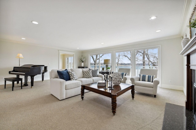 2496 Old Beach Rd, Orono, MN 55391 - living room featuring light colored carpet, ornamental molding, healthy amount of natural light, a fireplace with flush hearth, and recessed lighting