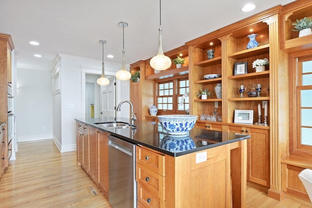2496 Old Beach Rd, Orono, MN 55391 - kitchen featuring stainless steel dishwasher, a sink, an island with sink, baseboards, and light wood-style floors