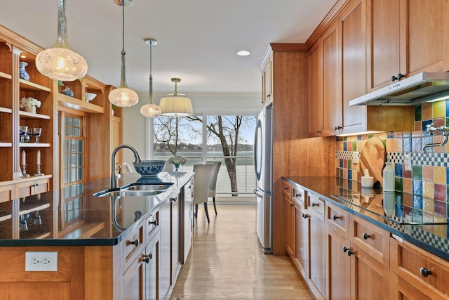 2496 Old Beach Rd, Orono, MN 55391 - kitchen featuring under cabinet range hood, a sink, freestanding refrigerator, brown cabinets, and decorative backsplash