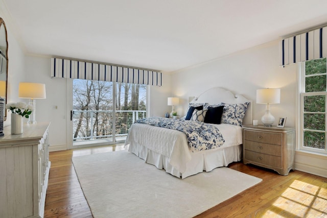 2496 Old Beach Rd, Orono, MN 55391 - bedroom featuring crown molding, light wood finished floors, baseboards, and access to exterior
