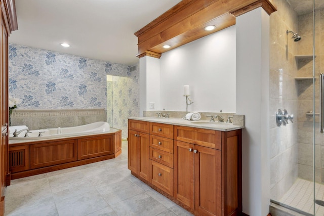 2496 Old Beach Rd, Orono, MN 55391 - full bathroom featuring a stall shower, wallpapered walls, a garden tub, double vanity, and recessed lighting