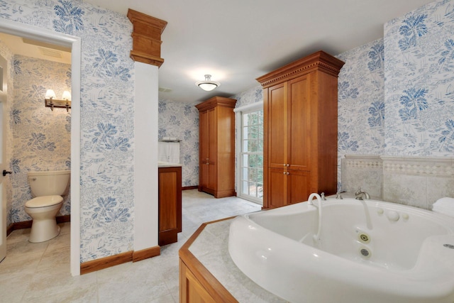 2496 Old Beach Rd, Orono, MN 55391 - full bathroom featuring wallpapered walls, a tub with jets, toilet, baseboards, and vanity