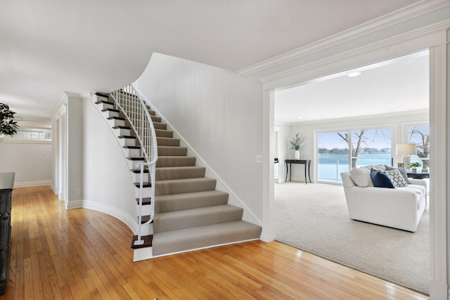 2496 Old Beach Rd, Orono, MN 55391 - stairway featuring ornamental molding, baseboards, healthy amount of natural light, and wood-type flooring