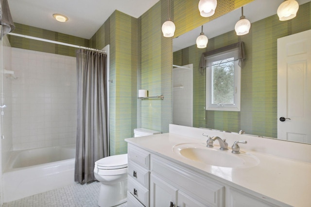 2496 Old Beach Rd, Orono, MN 55391 - full bathroom with tile patterned floors, toilet, wallpapered walls, vanity, and shower / bath combo