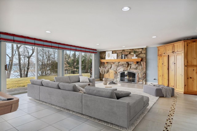 2496 Old Beach Rd, Orono, MN 55391 - living area with light tile patterned flooring, a fireplace, and recessed lighting