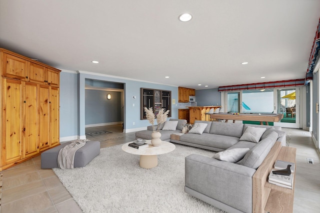 2496 Old Beach Rd, Orono, MN 55391 - living room with recessed lighting, baseboards, pool table, and crown molding