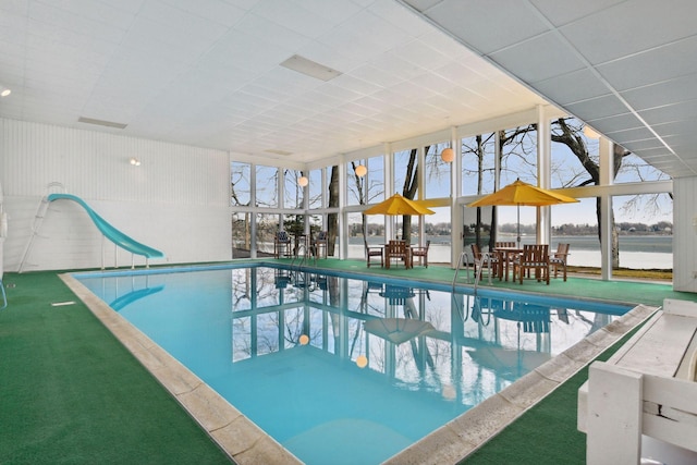 2496 Old Beach Rd, Orono, MN 55391 - indoor pool with a water slide and a water view