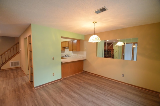 interior space featuring sink, wood-type flooring, and a textured ceiling