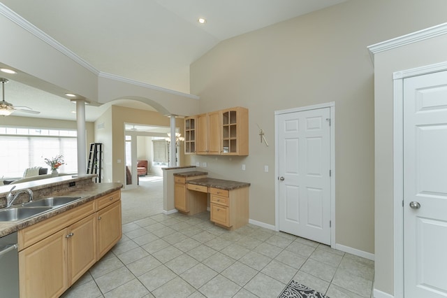 kitchen featuring sink, ceiling fan, light tile patterned floors, ornamental molding, and light brown cabinetry