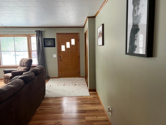 foyer with hardwood / wood-style floors and ornamental molding