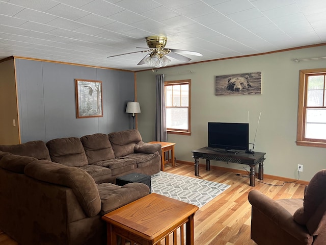 living room featuring ornamental molding, plenty of natural light, ceiling fan, and light hardwood / wood-style flooring