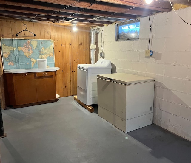 laundry area with washer / dryer and wood walls