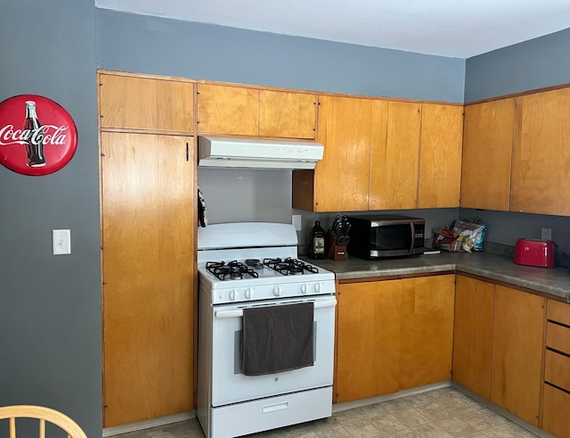 11159 Steamboat Loop NW, Walker, MN 56484 - kitchen with white range with gas cooktop, extractor fan, and stainless steel microwave