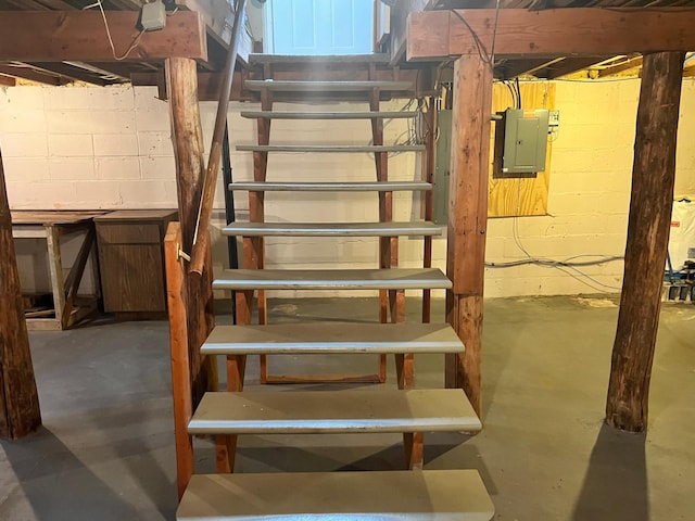 11159 Steamboat Loop NW, Walker, MN 56484 - stairway featuring electric panel, concrete flooring, and concrete block wall