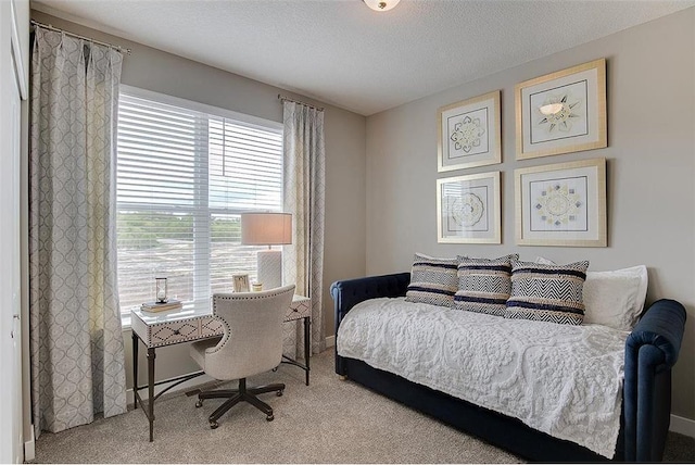 carpeted bedroom with a textured ceiling