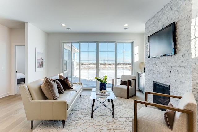 living room featuring a fireplace and light hardwood / wood-style flooring