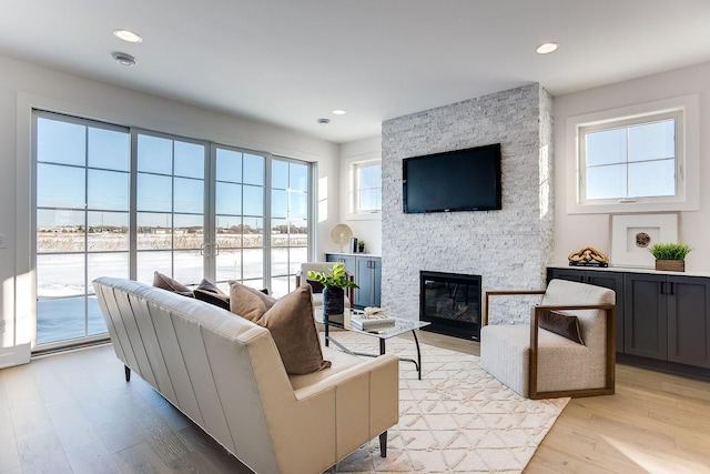 living room featuring plenty of natural light, light wood-type flooring, and a fireplace