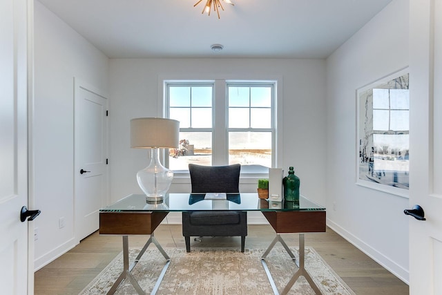 office space with light hardwood / wood-style floors