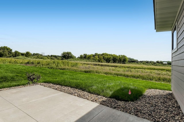 view of yard with a rural view and a patio area