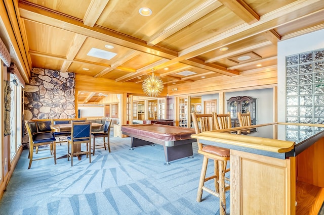 recreation room with billiards, wood walls, beamed ceiling, coffered ceiling, and carpet flooring