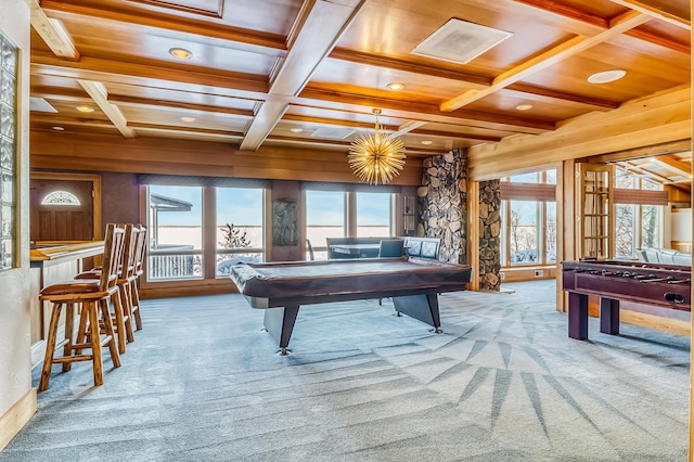 playroom featuring wooden ceiling, carpet, pool table, and beam ceiling