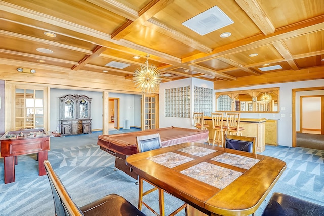 dining area featuring beamed ceiling, light colored carpet, coffered ceiling, and billiards