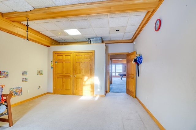 bedroom with light carpet and crown molding