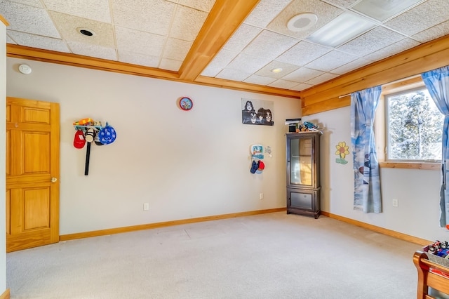 interior space with light carpet and a drop ceiling