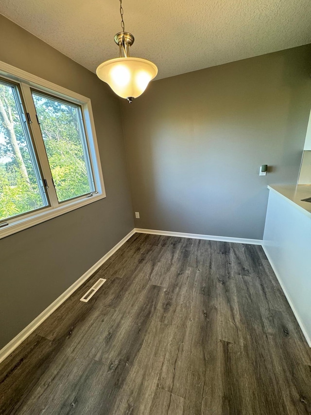 unfurnished dining area with dark hardwood / wood-style flooring and a textured ceiling